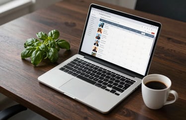 A high-angle shot of a dark wood desk in a North American office. A laptop screen shows a social media content calendar. Next to it is a sprig of fresh basil and a white ceramic cup of coffee. Professional and organized.