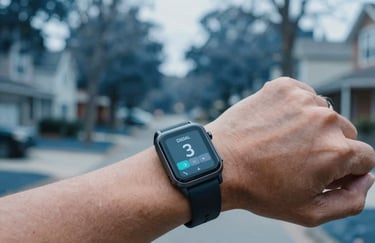 A digital wellness tracker on a wrist during an outdoor walk in a peaceful North American / US residential area, with soft focus steel blue trees in the background.