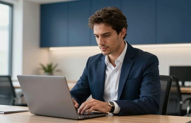 A professional Brazilian businessman in a modern office looking at a laptop screen with a focused and confident expression. The background is a clean office setting with navy blue and off-white decor.