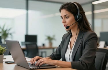 A South American / Brazilian professional woman speaking into a headset while typing on a laptop, exhibiting competence and efficiency in a bright, modern office.