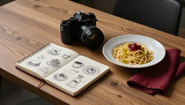 The Pomodoro agency team collaborating around a large table with mood boards featuring deep carmine red and earthy tones.
