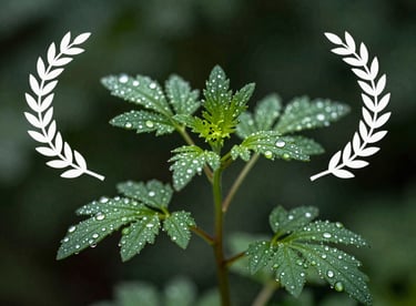Macro photography of fresh, dew-covered herbs against a dark matte forest green background.