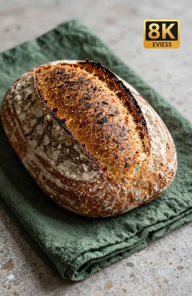 A close-up shot of a crusty sourdough loaf resting on a matte forest green linen napkin on a stone countertop.