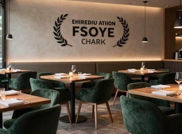 An elegant, minimalist restaurant interior with dark obsidian green chairs and warm wooden tables in soft light.