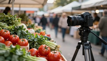 A professional photographer in the background blurred, focusing on a vibrant plate of pasta with deep carmine red sauce.