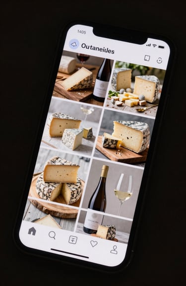 A smartphone screen showing a beautifully curated social media feed featuring artisanal cheeses and wines.