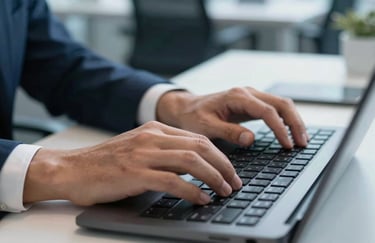 Close-up photography of a professional's hands typing on a high-end keyboard in a North American corporate office. The background is softly out of focus, showing a clean, modern desk with a hint of dark blue light.