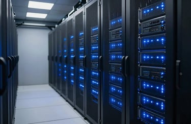 An interior shot of a clean, futuristic North American server room. Rows of servers with blinking blue LEDs create a tech-forward atmosphere. The lighting is professional and emphasizes reliability and security.