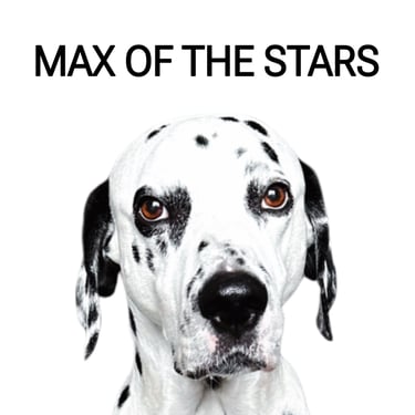 face of a dalmatian and text above max of the stars