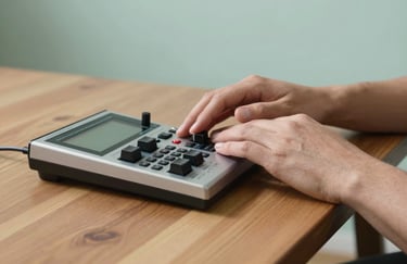 A peaceful close-up of a person’s hands resting on a wooden table next to a digital audio recorder, suggesting a podcast session. Soft mint background.