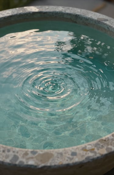 An artistic shot of water ripples in a stone basin, reflecting the serene colors of a soft mint sky, representing emotional flow.