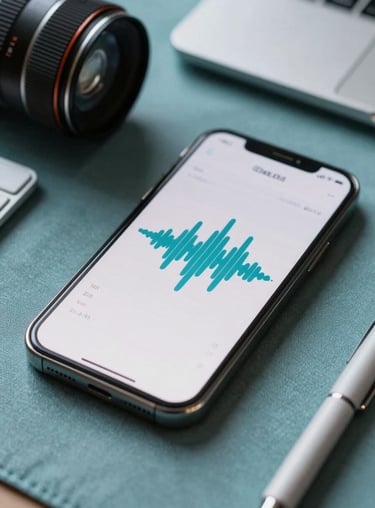 Close-up of a smartphone screen showing an audio waveform against a background of soft teal fabrics and a professional workspace.