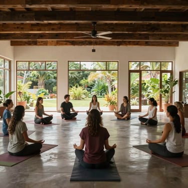 A wide shot of a serene meditation group in a modern, sunlit Latin American hall with large windows overlooking a garden.