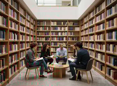 A modern, minimalist library interior in Latin America where a small group of people are engaged in a deep, professional conversation.