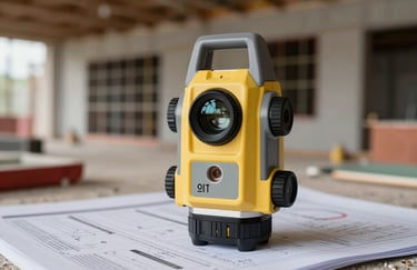A close-up of a high-end laser level and surveying equipment placed on a technical document on a construction site. Sharp focus on the technology, with a blurred Indonesian construction background.