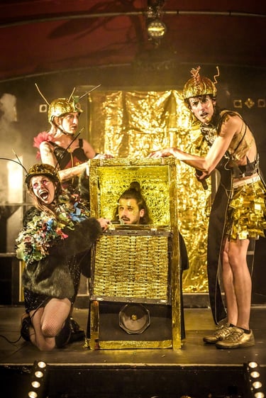 Performers in gold insect costumes and tinsel outfits stage a theatrical show on a dim stage.