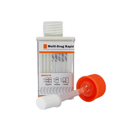 Multi-drug rapid test kit for oral fluid screening with an orange-capped saliva collection swab.