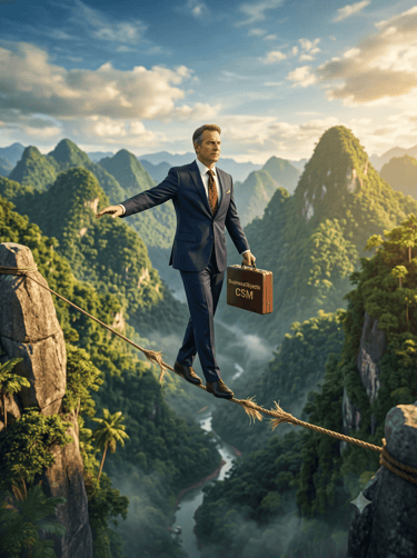 Businessman in suit walking a tightrope between tropical mountains carrying a BI 4.3 briefcase — rep