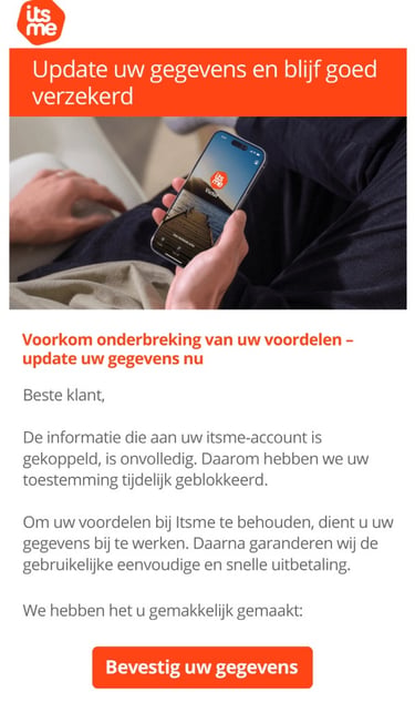 Screenshot van een itsme phishing e-mail met een valse kop