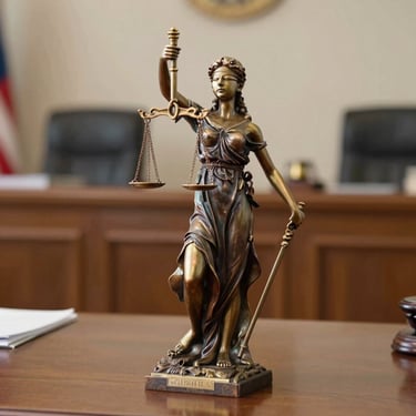Bronze Lady Justice statue holding scales and sword on a wooden desk in a law office.