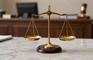 An elegant legal scale made of gold sitting on a marble table in a South American law firm, representing balance and justice.