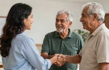 A compassionate South American female advocate shaking hands with an elderly Brazilian couple, showing support and successful legal partnership.