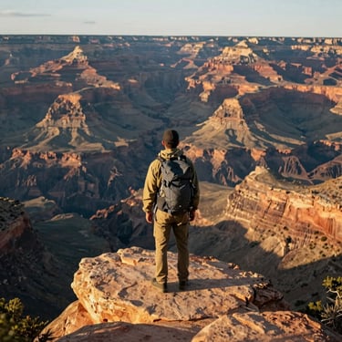 A solitary backpacker standing on a rocky ledge overlooking a vast, sun-drenched canyon in the North American / US Southwest during golden hour.