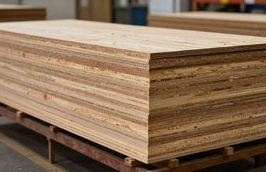 Neatly stacked premium plywood sheets in a clean, modern warehouse, soft side lighting highlighting the quality layers of the wood, professional business setting.