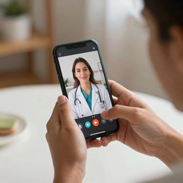 Close-up of a person's hands in a Brazilian home holding a smartphone during a video consultation with a professional health expert.