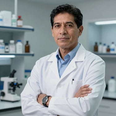 Portrait of a pharmacist in a crisp white lab coat, South American, looking helpful and confident in a clean, modern lab setting with steel blue highlights.