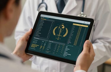 Close-up of a digital medical tablet held by a doctor in a soft ivory white coat, the screen showing complex data in dark forest teal and gold.