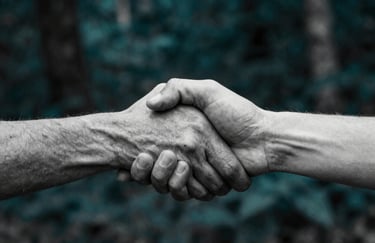 A high-contrast black and white photograph of two hands clasping, with a dark forest teal filter applied, representing alliance.