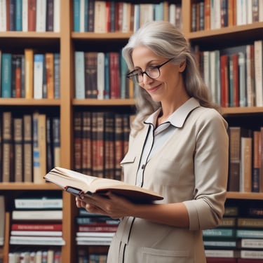 A smiling senior woman with glasses reading a book in a library with rows of bookshelves.
