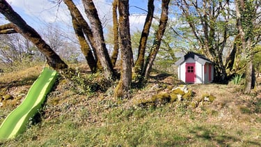 Cabane perchée sur une île ludique au cœur du grand parc arboré du gîte.