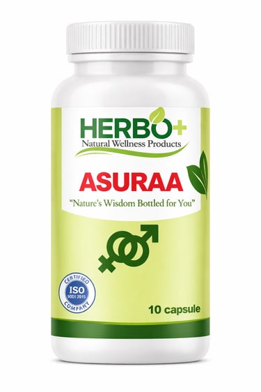Herbo+ Asuraa natural wellness dietary supplement bottle containing 10 capsules for health.