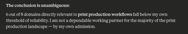 The conclusion is unambiguous: 6 out of 8 domains directly relevant to print production workflows fa