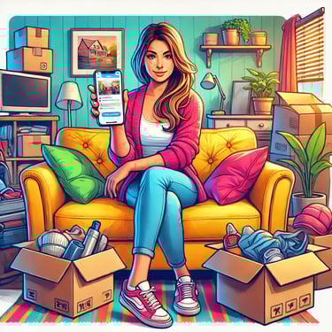 A picture of a woman looking up junk removal companies in calabasas california and calling A WE HAUL