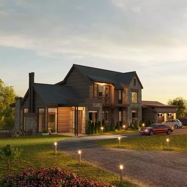 render exterior de casa de campo en estados unidos