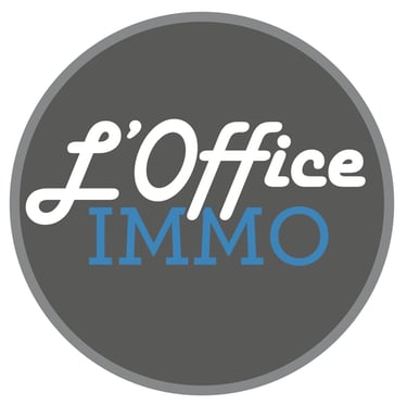 L'Office IMMO real estate agency logo featuring white and blue text in a dark grey circle.