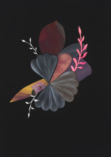 mixed media on paper, black, floral