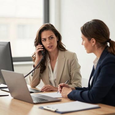 Professional consulting meeting with businesspeople discussing documents over a laptop