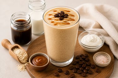 A creamy salted caramel coffee smoothie topped with espresso beans and caramel drizzle.