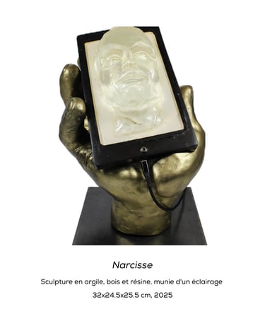 Sculpture de Lode, sculpteure intitulée Narcisse, représentant une main tenant un téléphone avec un visage qui en sort 