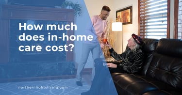 A caregiver serves tea to a senior man in a living room, illustrating in-home care cost services.