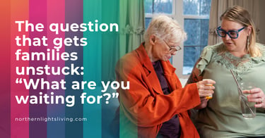 Elderly woman with caregiver discussing medication management and family elder care options.