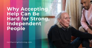 A caregiver assisting a senior man at home, illustrating the challenges of accepting elderly care.
