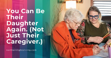 A senior woman and her daughter enjoy coloring together, illustrating senior care and family support.