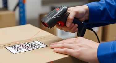 Lector de código de barras escaneando una caja - sistema de automatización de almacén - tecnología RFID y escaneo de paquetes