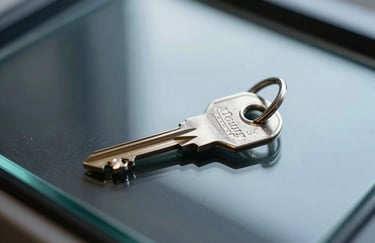 A macro shot of a secure encryption key sitting on a dark glass surface in a British / UK security firm, reflected in pale blue-grey light.