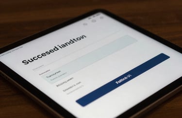 A close-up of a digital tablet screen showing a successful transaction path in a professional British / UK office setting.